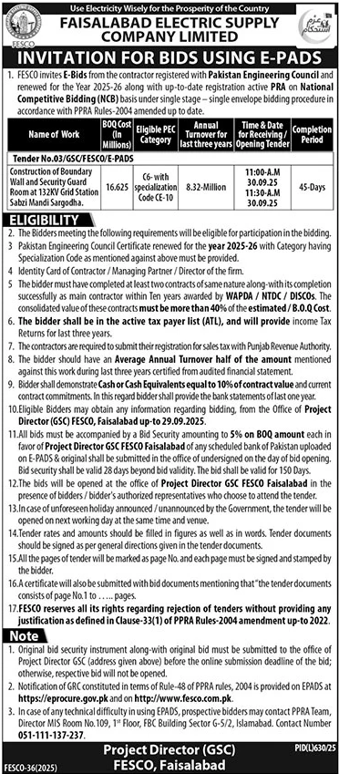 Faisalabad Electric Supply Company Limited Tender Notice